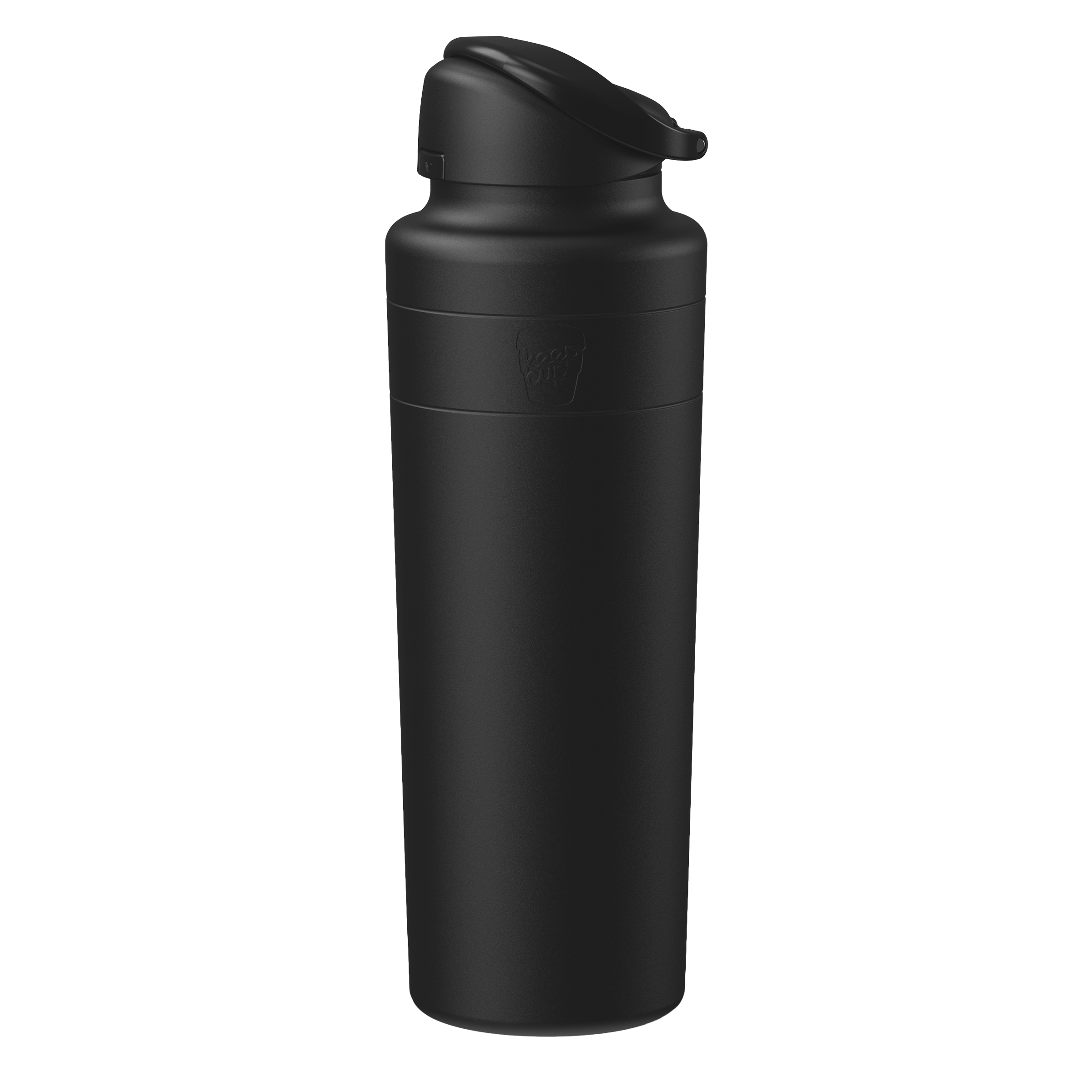 KeepCup Ora Bottle 32oz in Black, shown at a three-quarter angle against a white background, featuring a matte black insulated stainless steel body with flip-top lid and embossed logo.