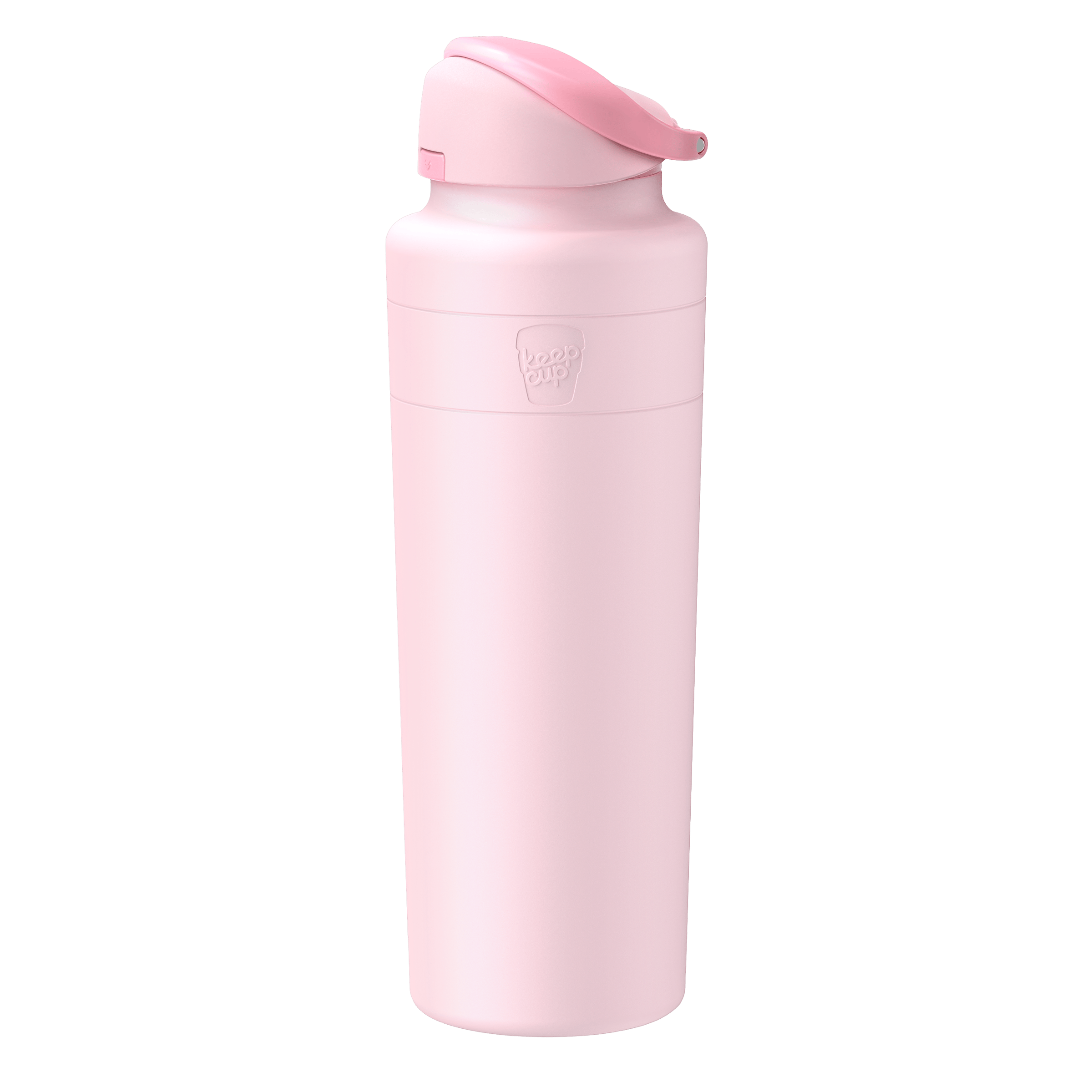 KeepCup Ora Bottle 32oz in Pashmak Pink, shown at a slight angle against a trasperant background. The tall cylindrical stainless steel bottle features a matte pastel pink finish, flip-top lid, and embossed KeepCup logo.