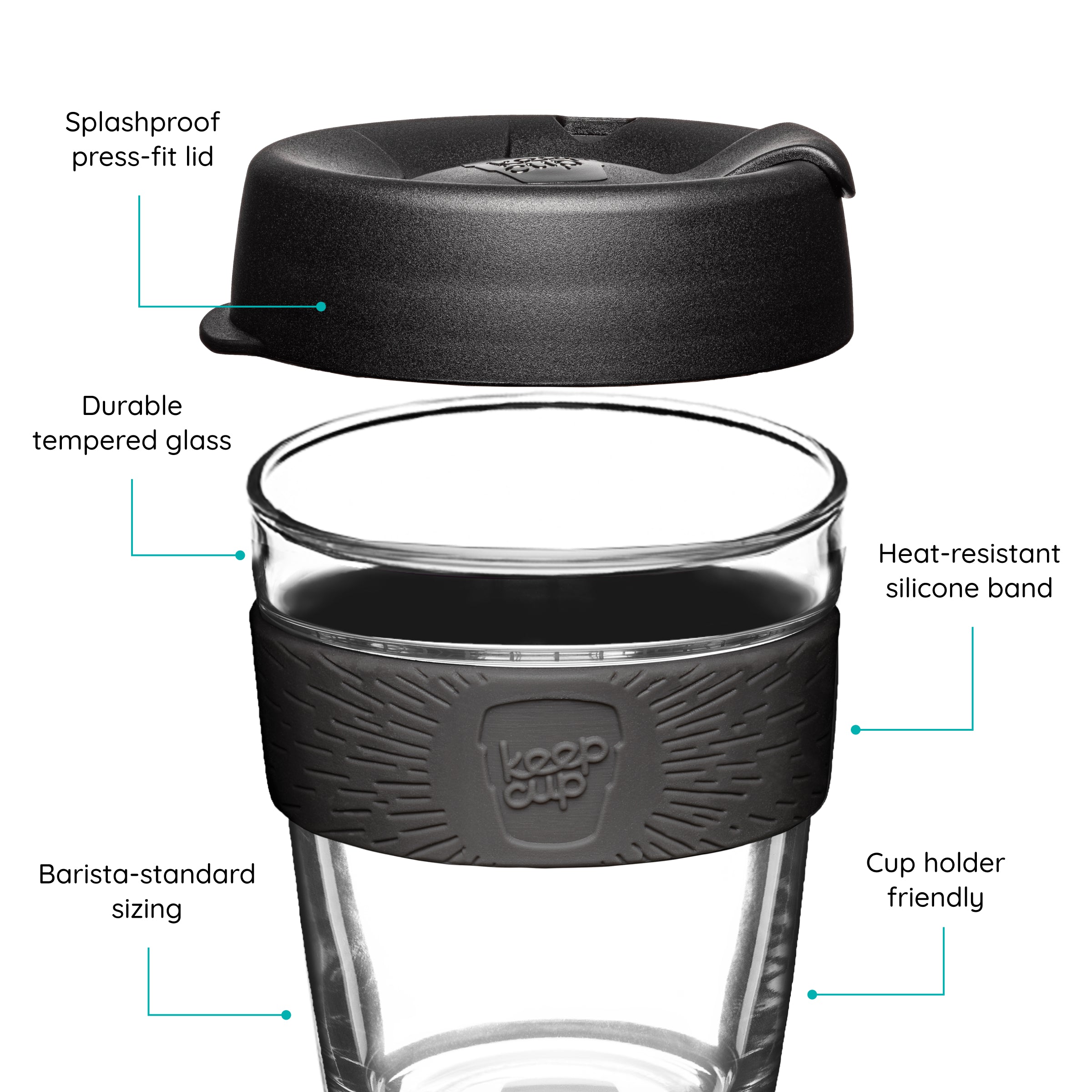 KeepCup Reusable coffee cup with black lid and band, featuring text on a white background