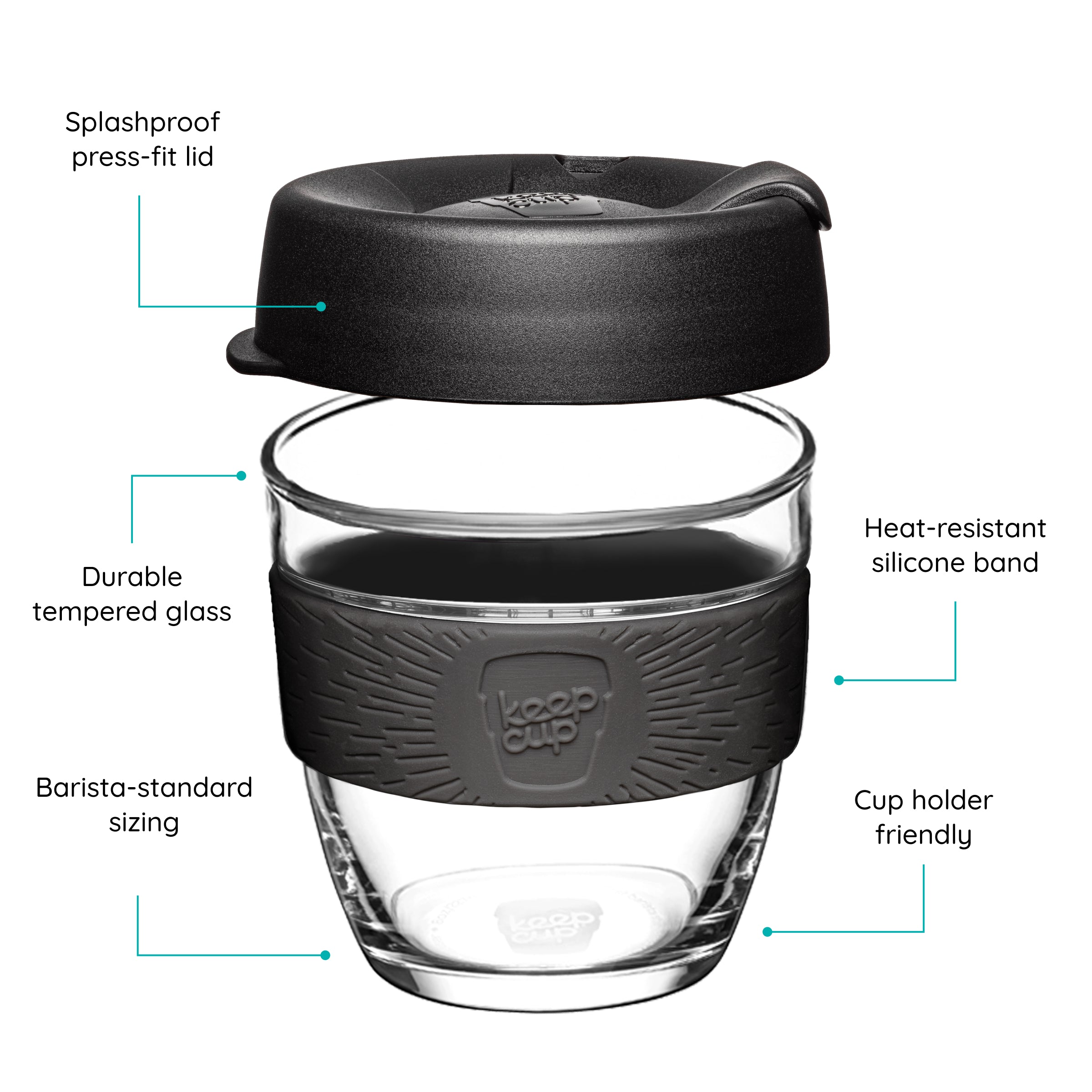 KeepCup Reusable coffee cup with black lid and band, featuring text on a white background