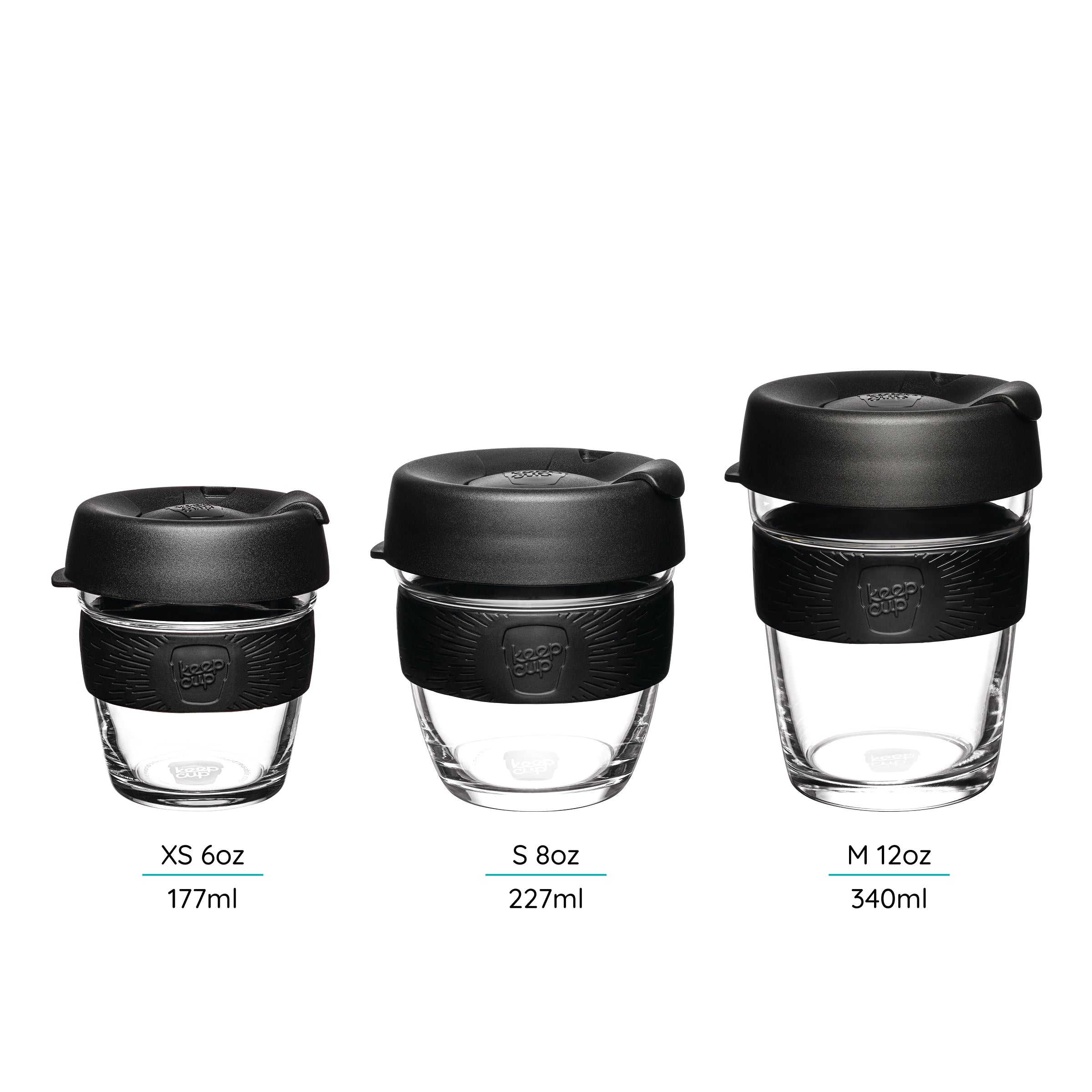 Three KeepCup Reusable Glass cups with lids of different sized cups xs - s -m on a white background