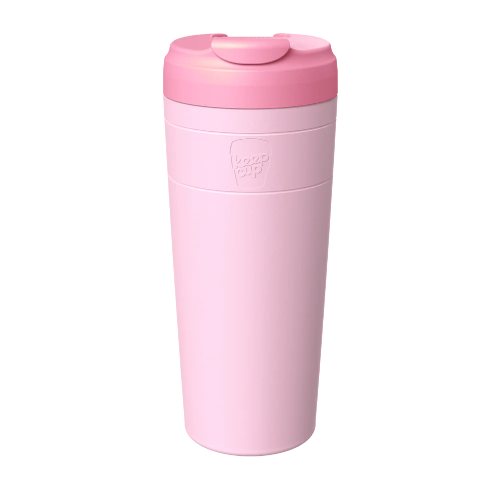 KeepCup Commuter XL 20oz in Pashmak Pink, shown in a straight-on product shot against a white background, featuring a pashmak cup with a peony lid and flip-top closure.