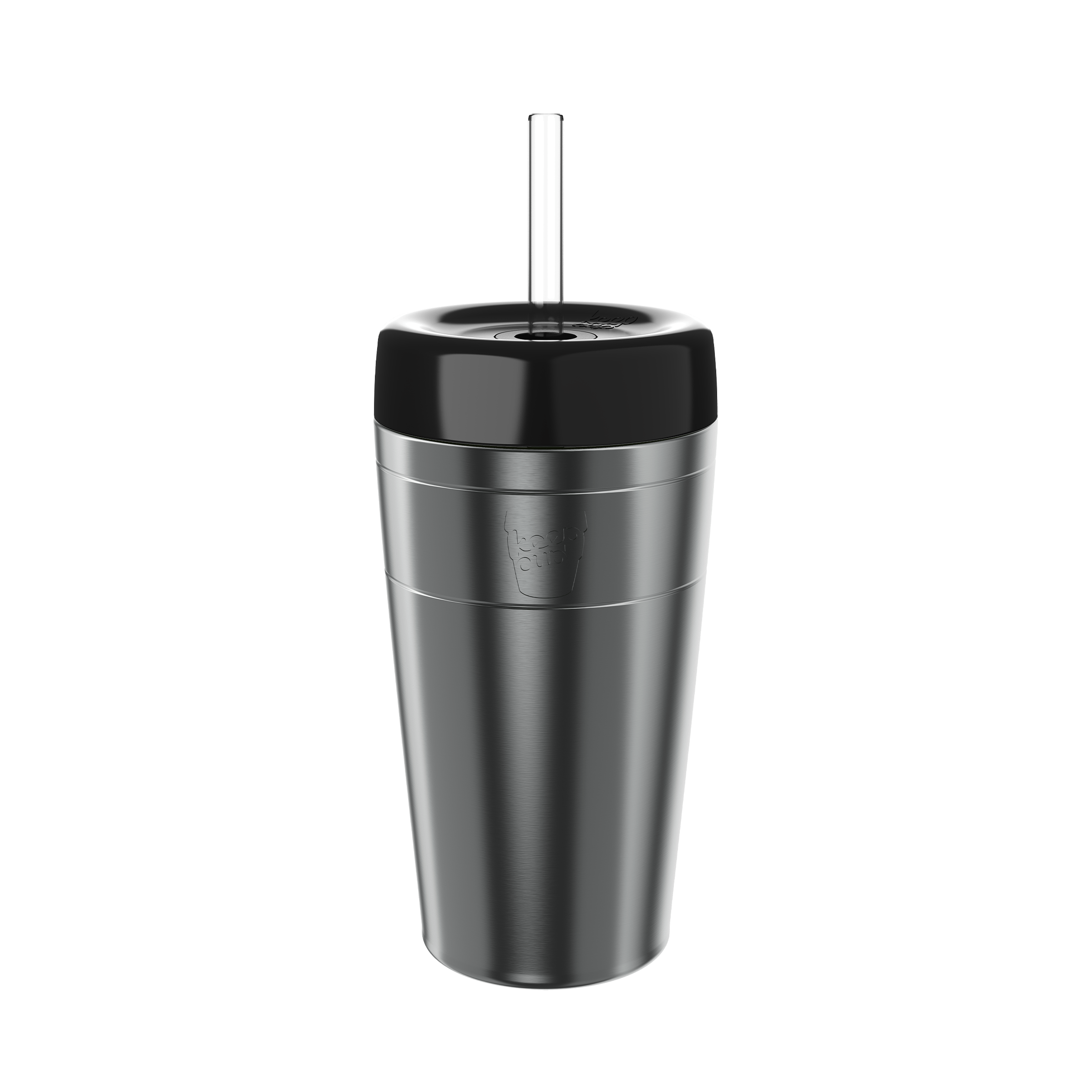 KeepCup Commuter Cold Cup L 16oz in Nitro Black, featuring a stainless steel cup with embossed logo, black lid, and clear straw, shown in a front-facing studio shot against a white background.