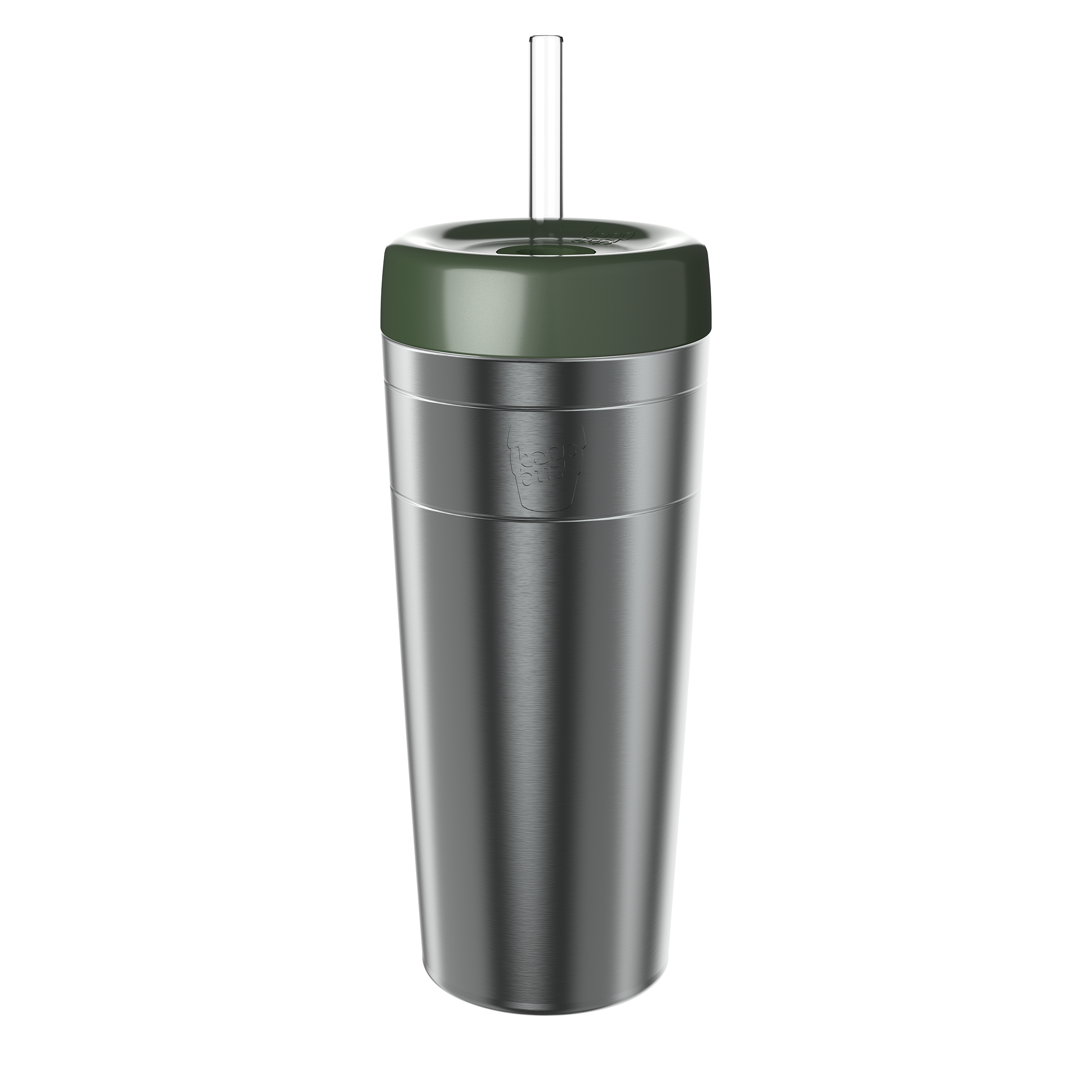 KeepCup Commuter Cold Cup XL 20oz in Pine, featuring a stainless steel cup with brushed finish, pine lid, and clear straw, shown at a slight angle against a white background.