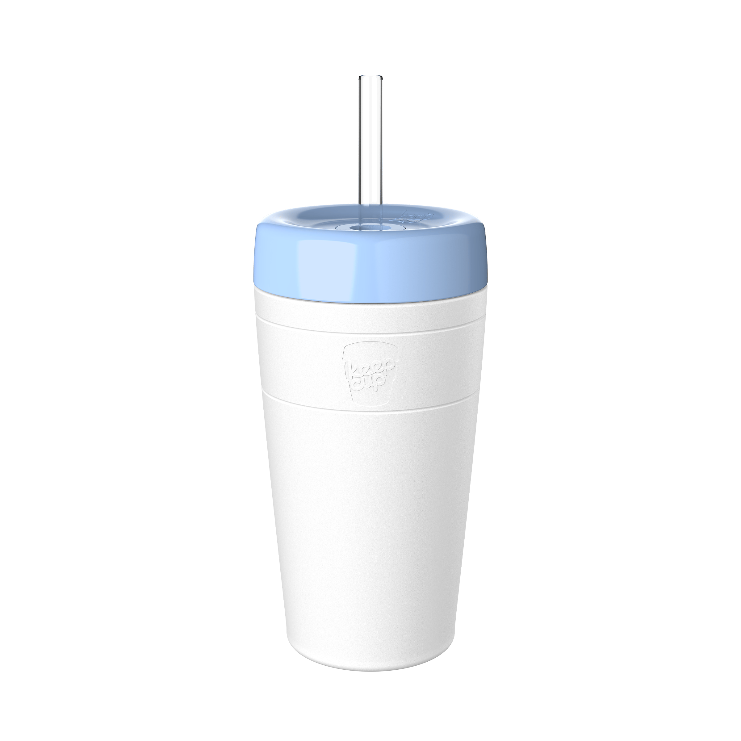 KeepCup Commuter Cold Cup L 16oz in White Orchid, featuring a white cup with orchid lid and clear straw, shown in a straight-on product shot against a white background.
