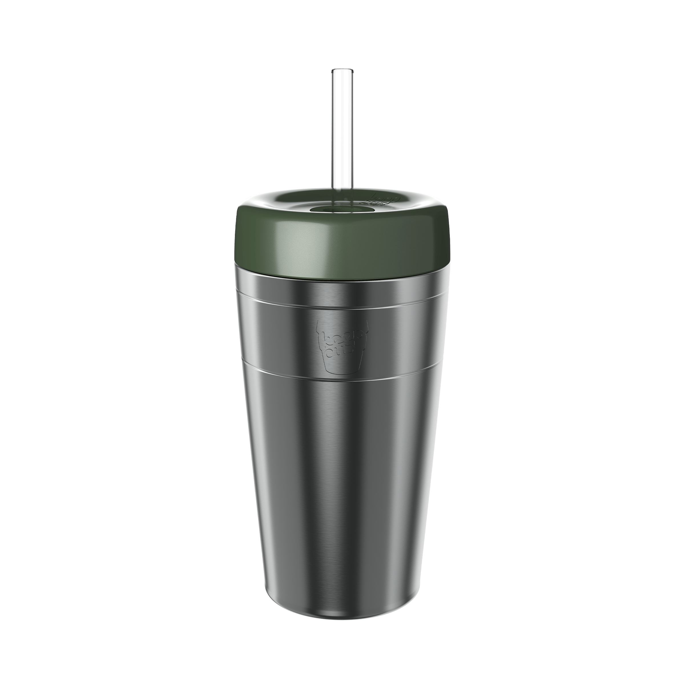 KeepCup Commuter Cold Cup in Pine, 16oz size, featuring a stainless steel cup with pine lid and clear straw, shown from a front angle against a white background.