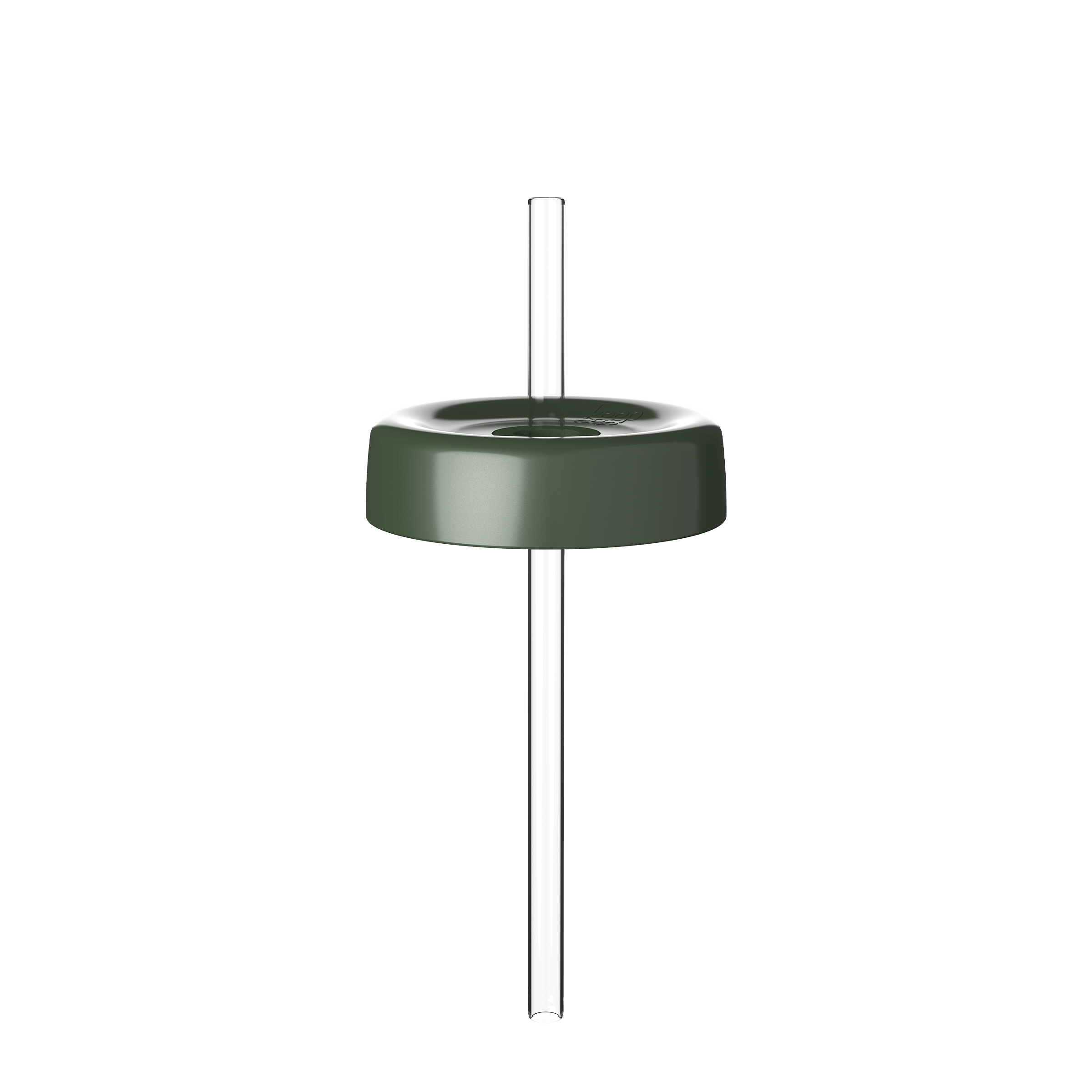 KeepCup Commuter Coffee Straw Lid in Pine color shown from a straight-on angle, featuring the olive green circular lid with a clear reusable straw inserted through the center opening.