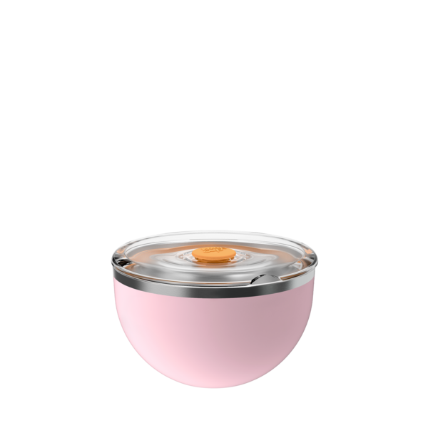 KeepCup Go Bowl Luxe in Pashmak Pink with flat lid, shown from a front angle featuring a Pashmak Pink rounded bowl base, stainless steel rim, clear flat lid with orange press-fit seal in the center.