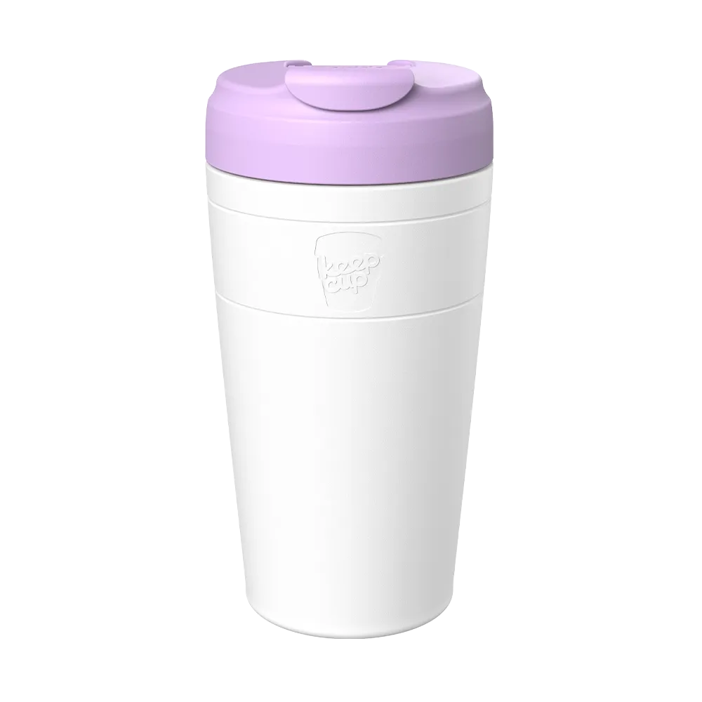 White KeepCup reusable coffee cup with light purple lid and silicone band, shown against white background