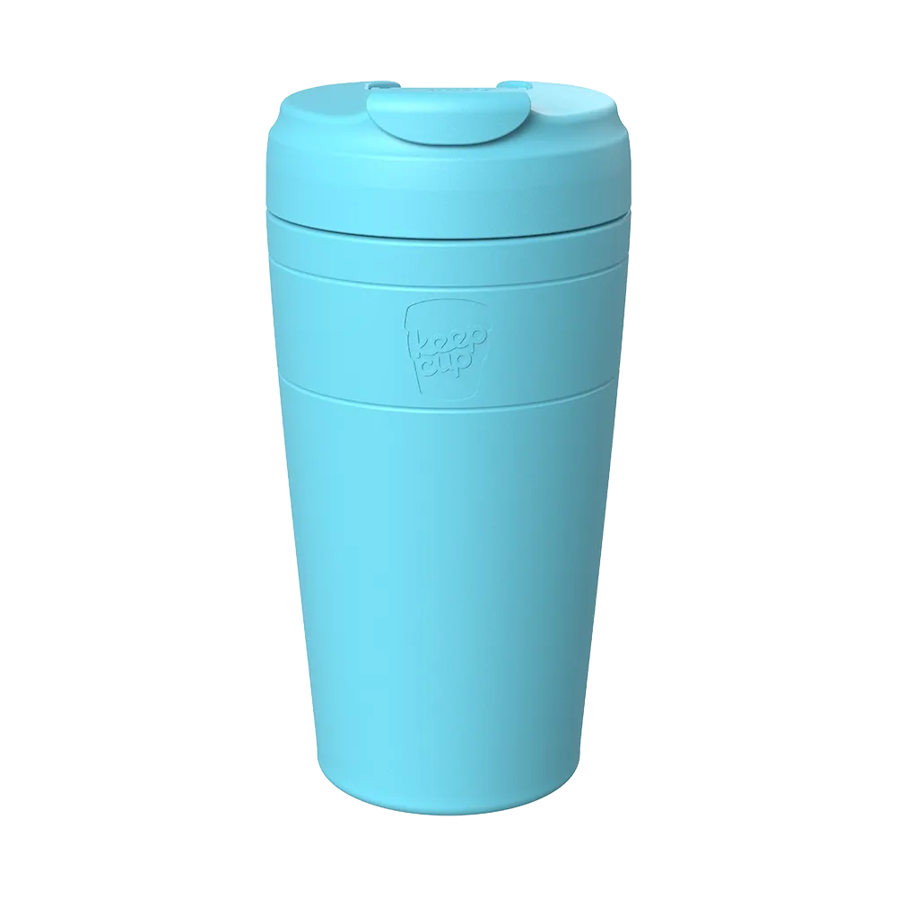 Light blue reusable coffee cup with lid and KeepCup logo, eco-friendly travel mug on white background