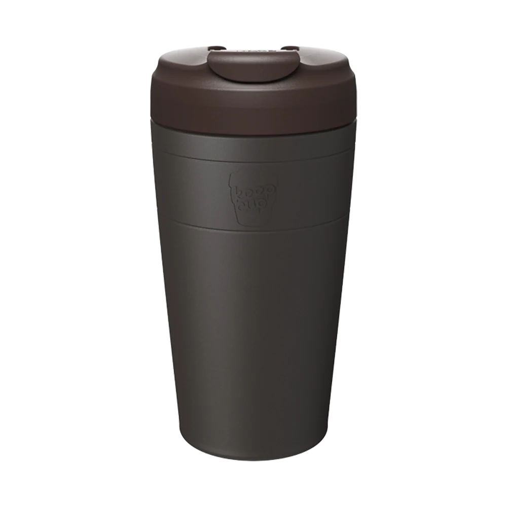 KeepCup Commuter L 16oz in Dark Chocolate, shown in a straight-on product shot against a plain white background, featuring a black insulated cup with the force brown lid.