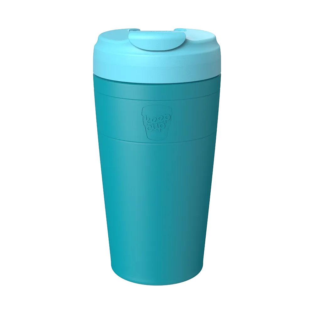 KeepCup Commuter L 16oz in Eden Cloud, an Eden reusable coffee cup with a cloud lid featuring a flip-top sipper, shown from a front angle against a plain white background.