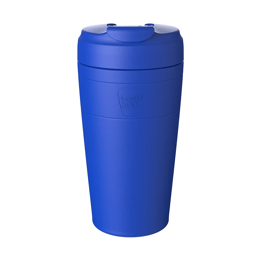 Blue reusable coffee cup with lid and spill-proof design, featuring KeepCup branding on a white background