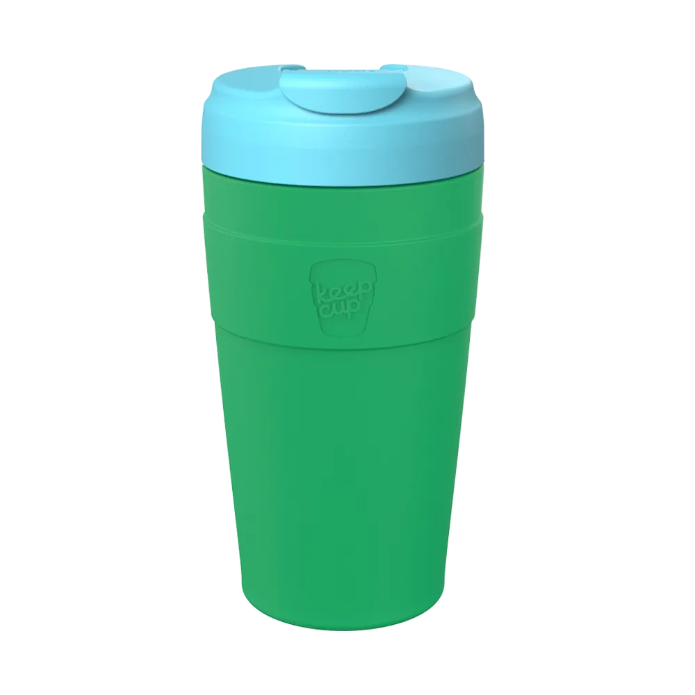 Green and light blue reusable travel coffee cup with flip-top lid and textured grip band