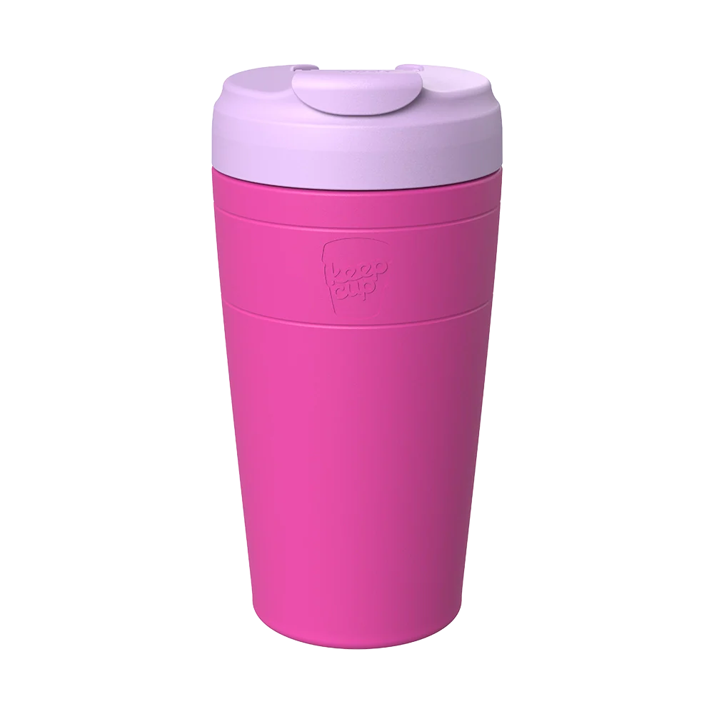 Pink and purple reusable travel coffee cup with lid and KeepCup logo on white background