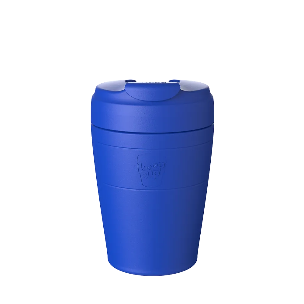 Blue reusable coffee cup with lid and brand logo on white background