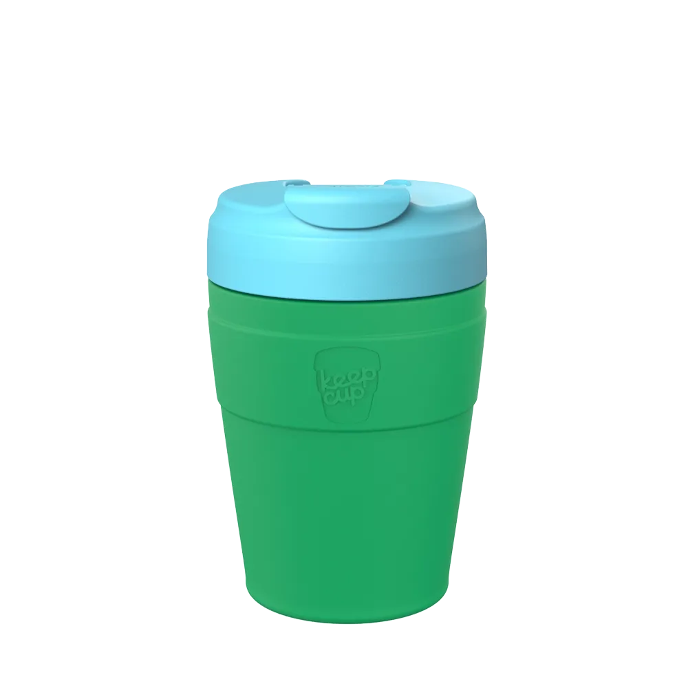 Green and light blue KeepCup reusable coffee cup with matching lid on white background