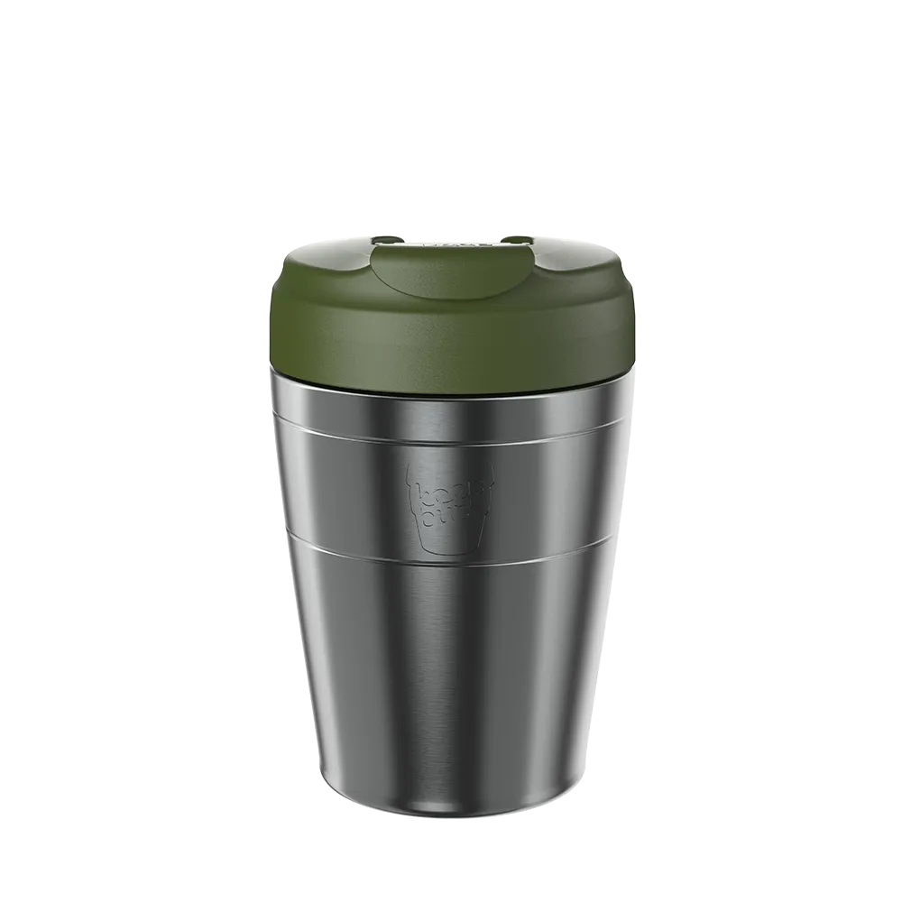 Stainless steel insulated travel mug with olive green lid and flip-top spout for hot beverages on the go