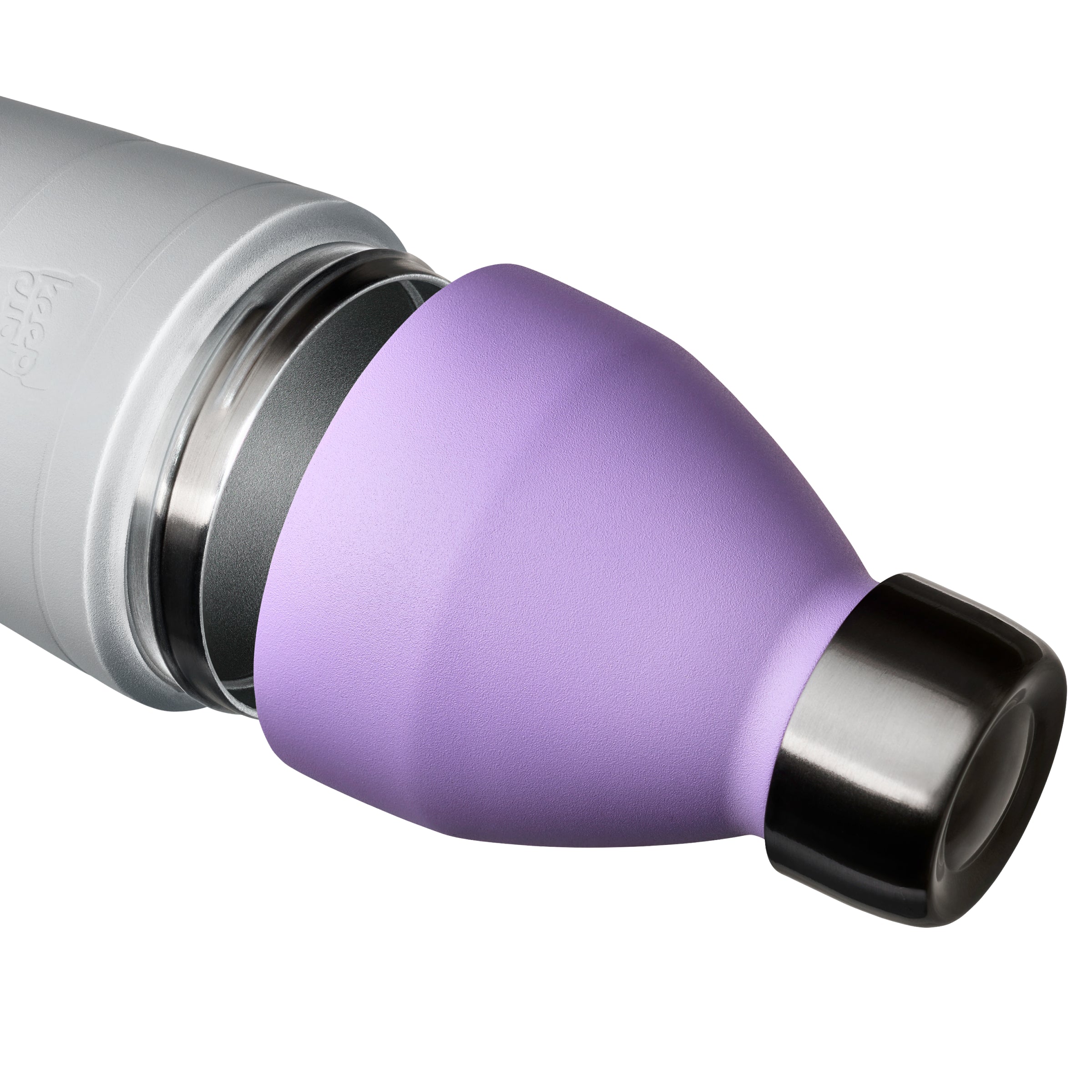 Close-up of a KeepCup purple and white water bottle on a white background