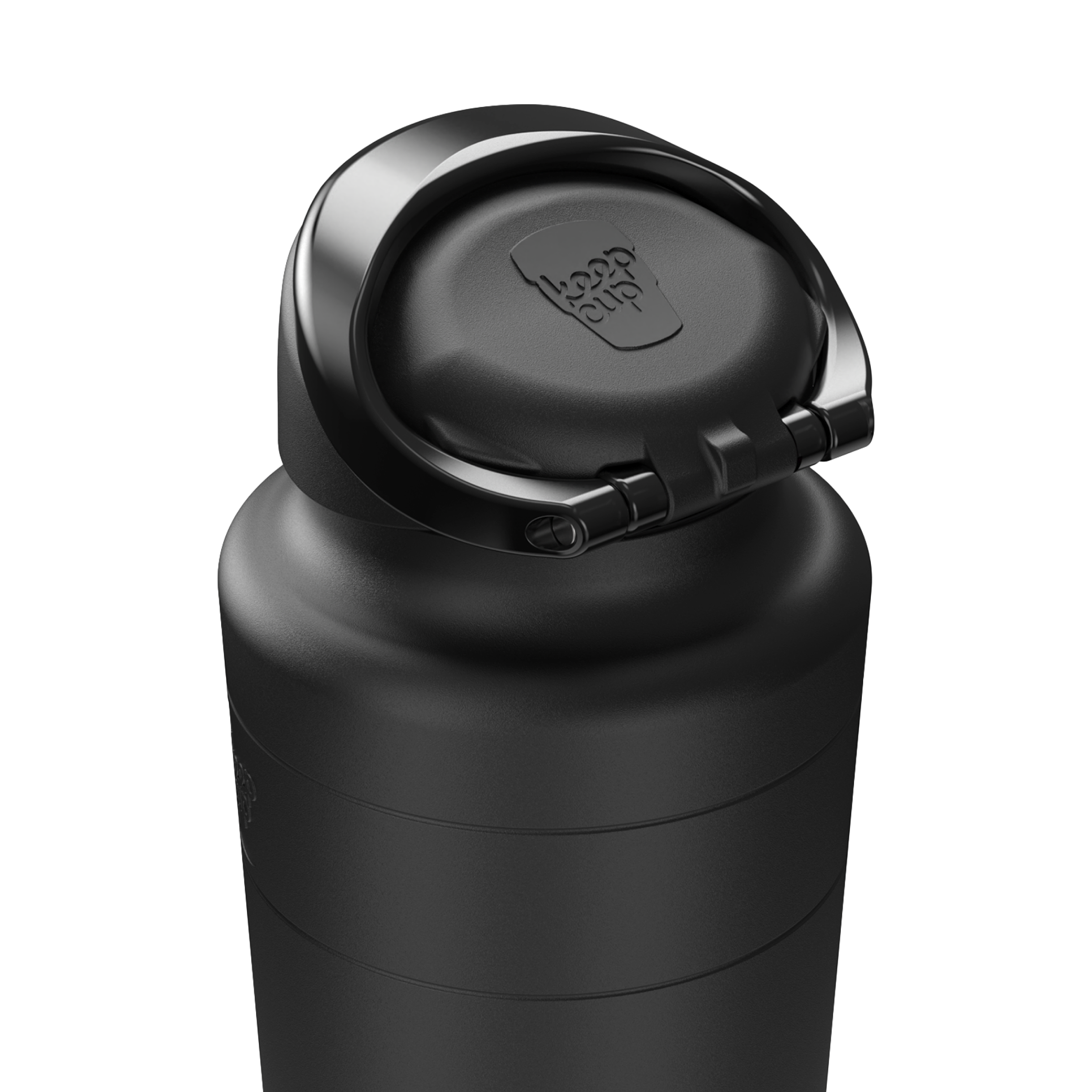 Close-up angled view of the Ora Bottle in Black, showcasing the flip-top lid with embossed KeepCup logo in the open position, highlighting the matte black stainless steel body with horizontal ridged detailing.