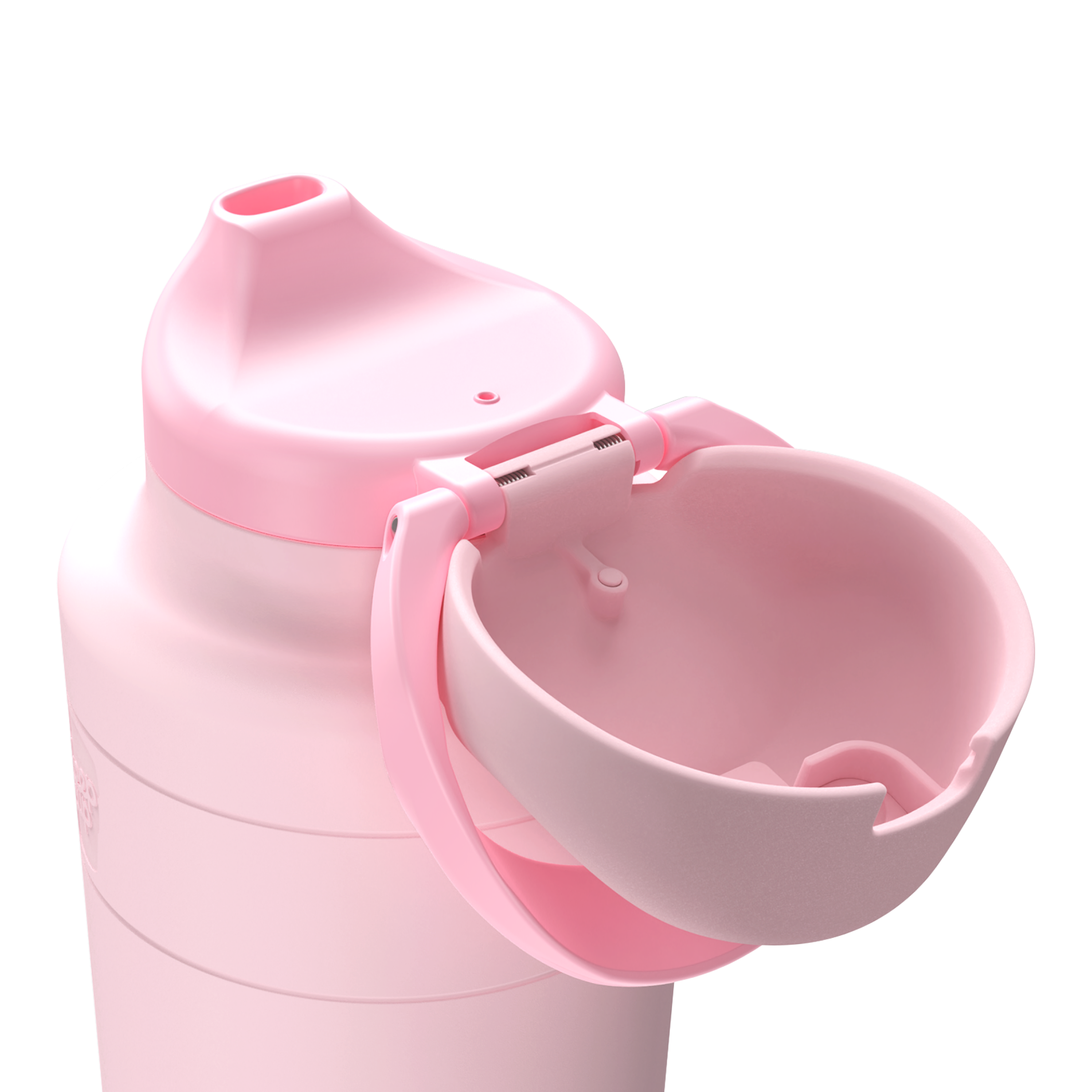 Close-up of the KeepCup Ora Bottle in Pashmak Pink, showing the flip-cap opened shot from behind, designed drinking on the go.