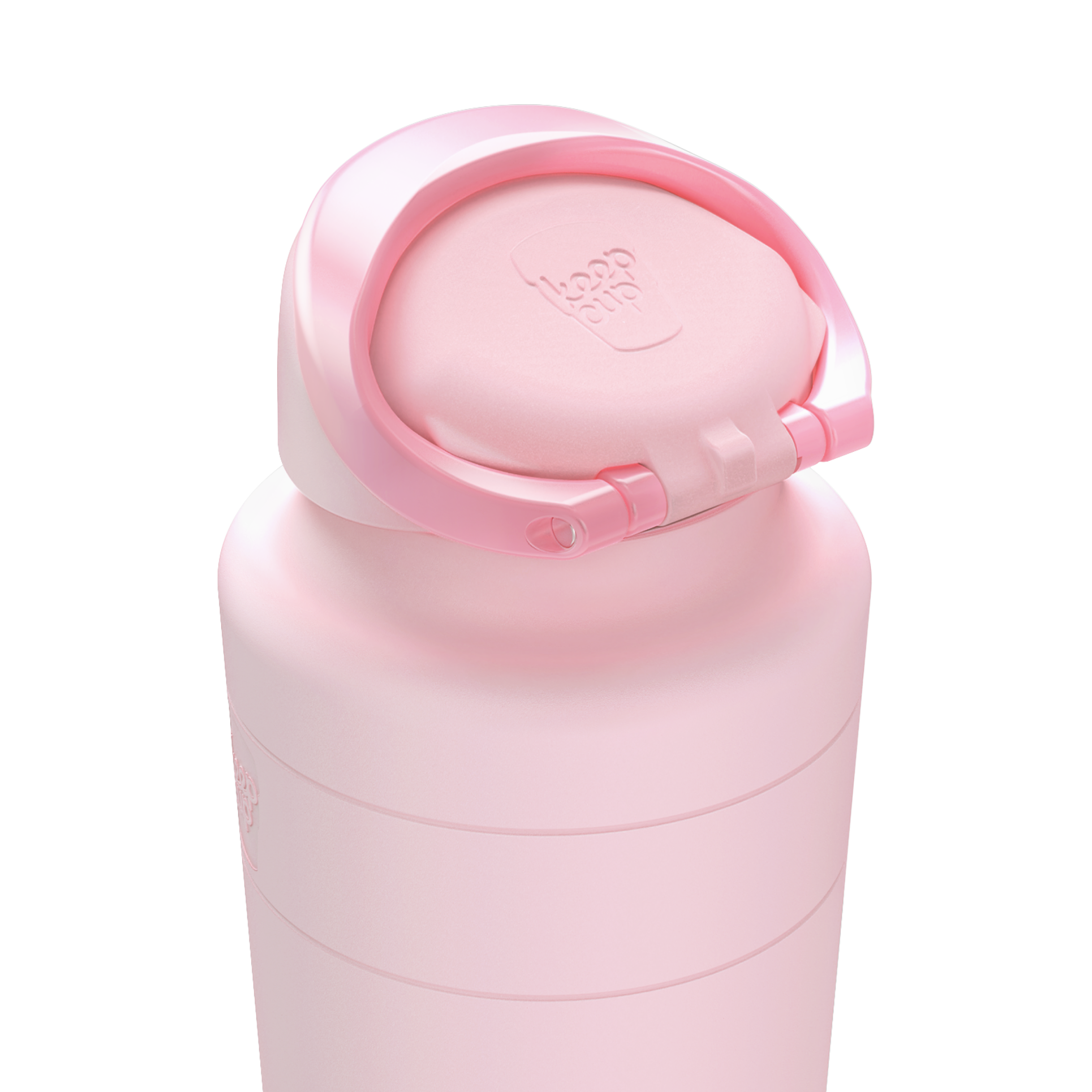 Close-up of the KeepCup Ora Bottle in Pashmak Pink showing the flip-top lid open, featuring the embossed KeepCup logo on the cap and the soft matte pink finish of the insulated stainless steel body.