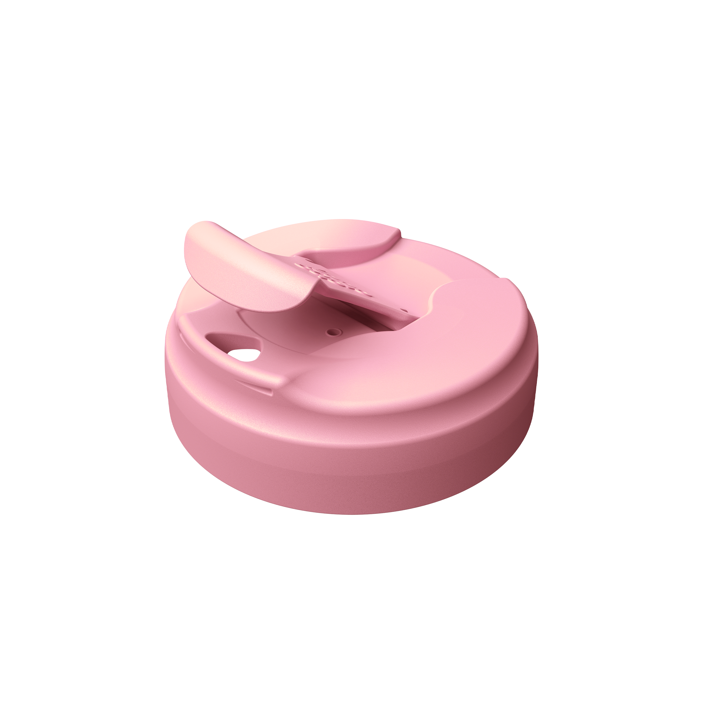 Pink silicone travel cup lid with flip-top spout and handle for portable drinking