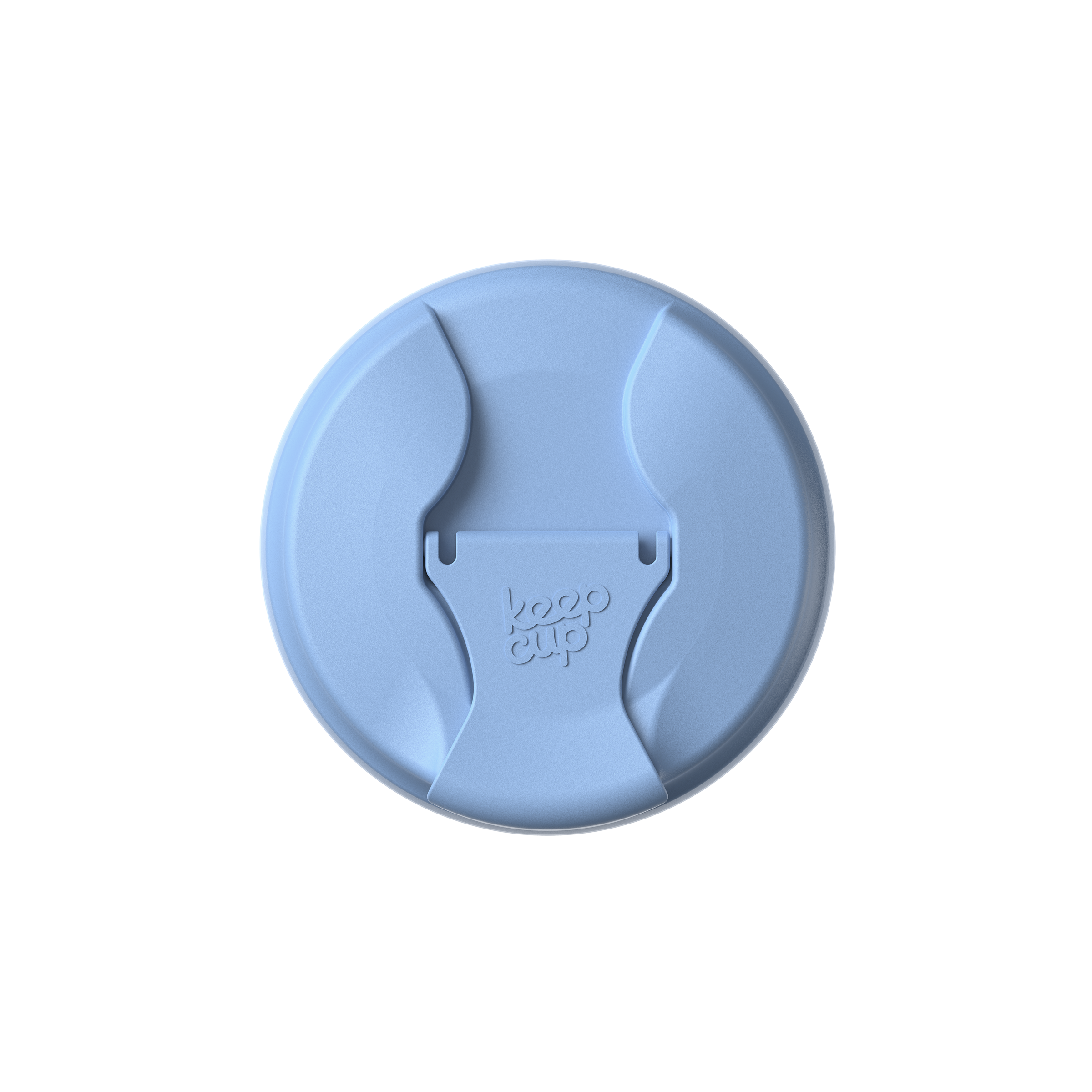 Top-down view of the KeepCup Commuter Flip Lid in Orchid, a light blue circular lid featuring a central flip-open drinking spout with the KeepCup logo embossed on the closure tab.