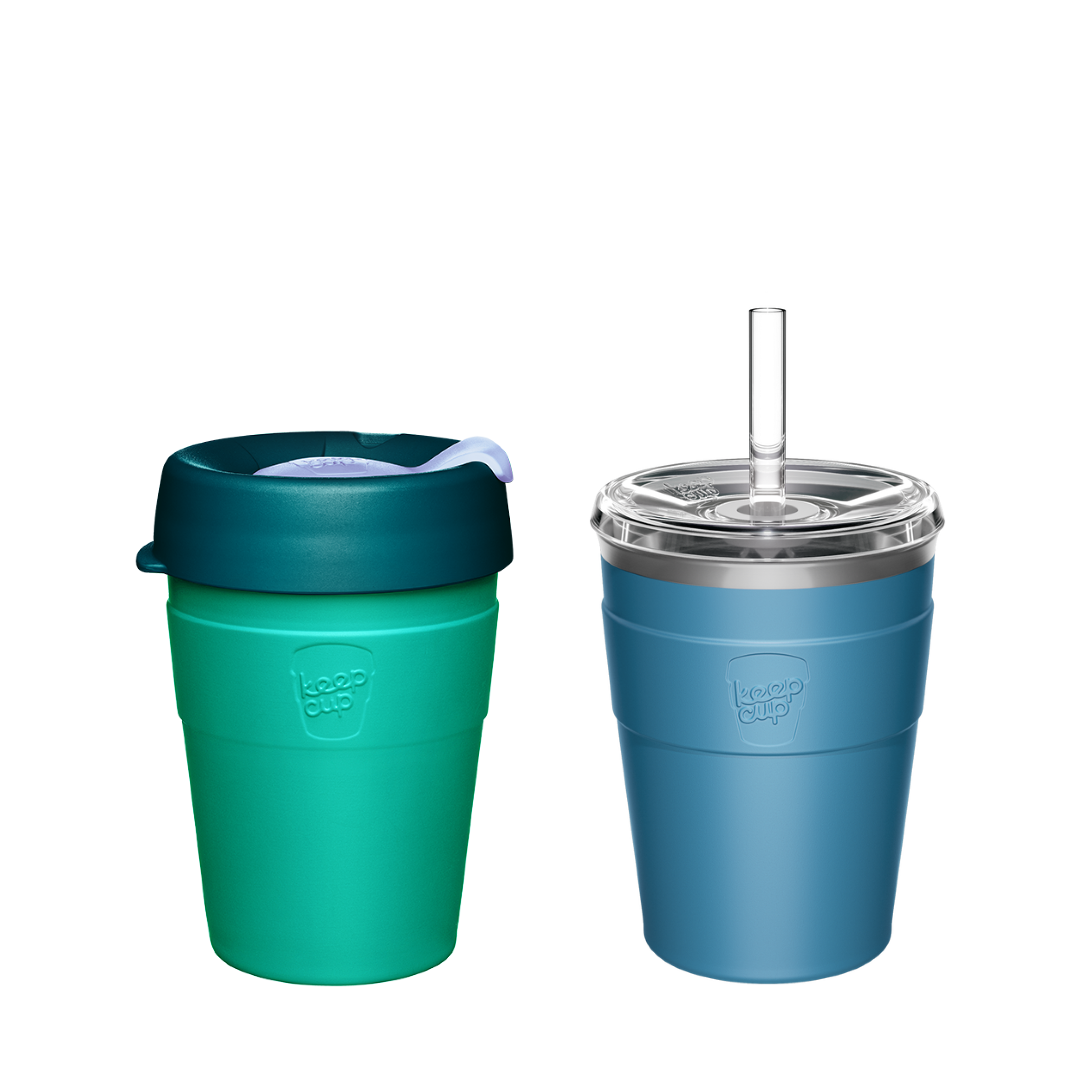 Two KeepCup reusable coffee cups - left cup is teal and green with silicone lid, right cup is blue with clear straw lid