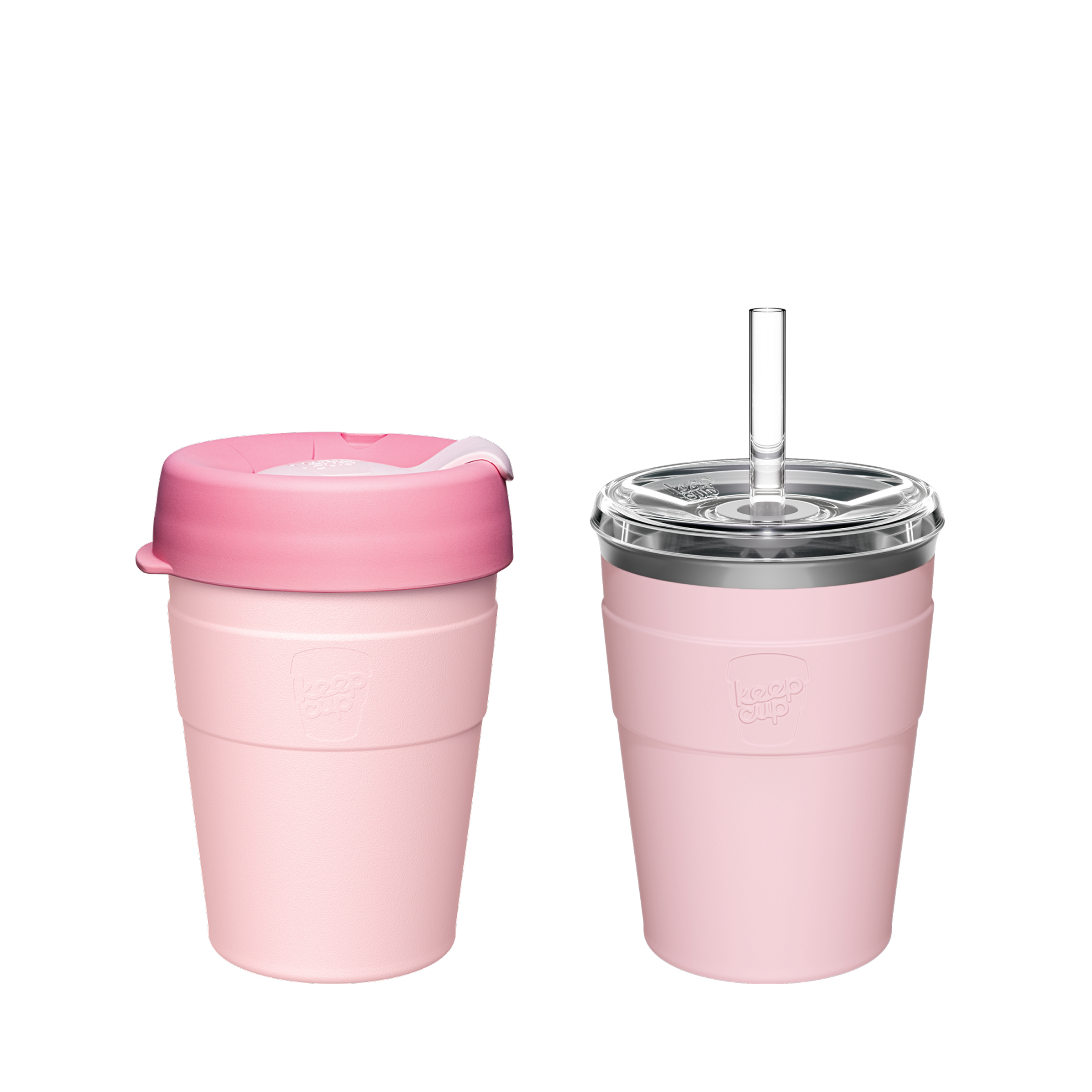 Two pink reusable coffee cups - one collapsible travel mug with lid and one insulated tumbler with straw and clear lid