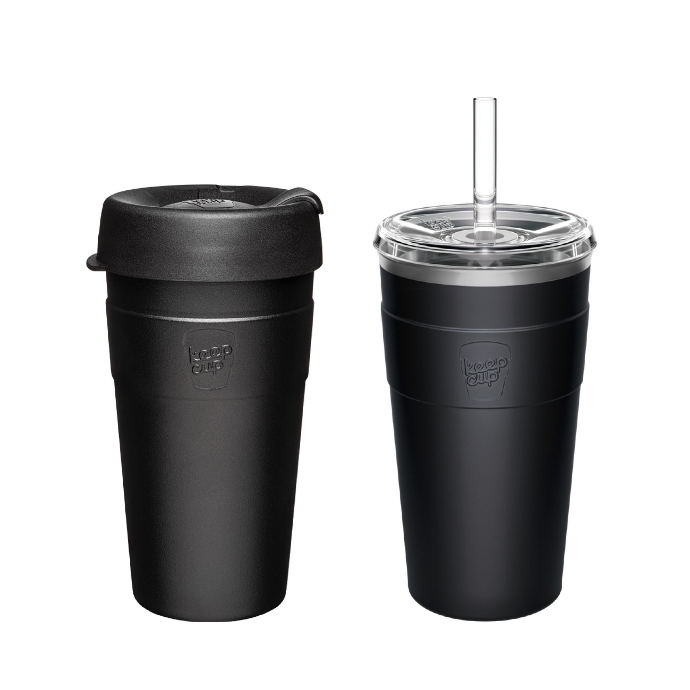 Two black KeepCup reusable coffee cups - one with standard lid, one with clear straw lid and glass straw