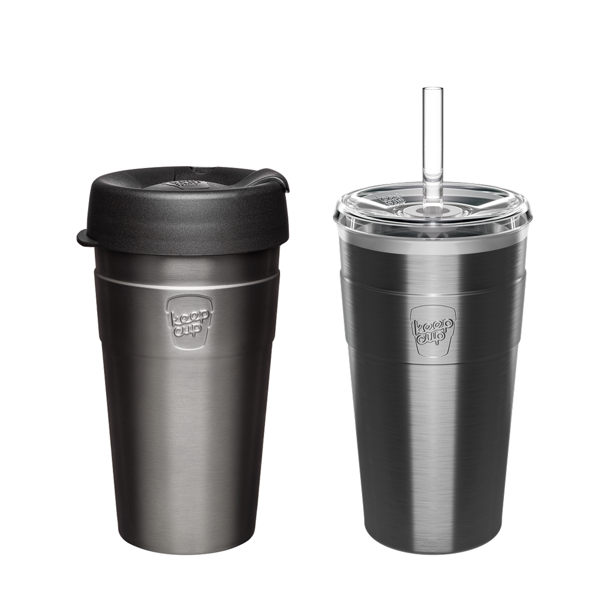 Two stainless steel KeepCup travel mugs in gunmetal gray - one with black silicone lid, one with clear straw lid