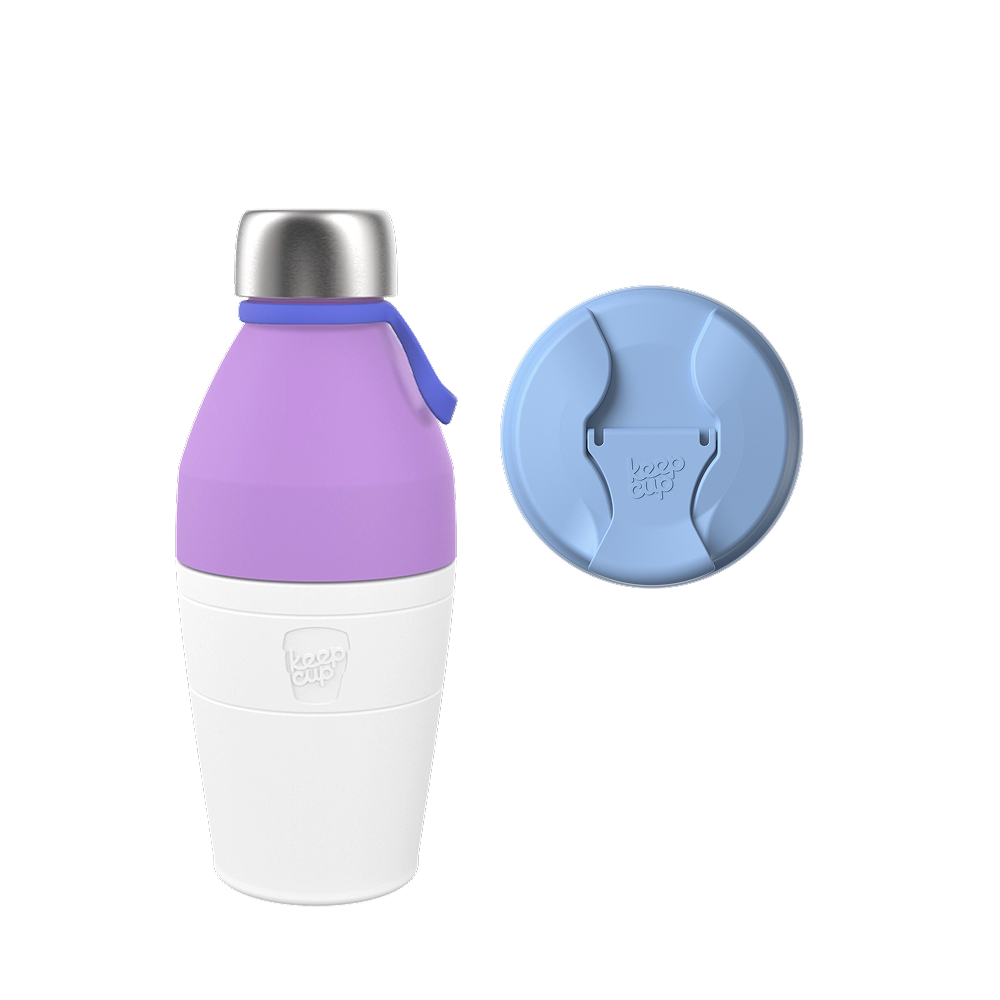 KeepCup Commuter Bundle M 18oz in Orchid, showing the assembled bottle with purple silicone band, white base, and stainless steel cap alongside a light blue sipper lid viewed from above.