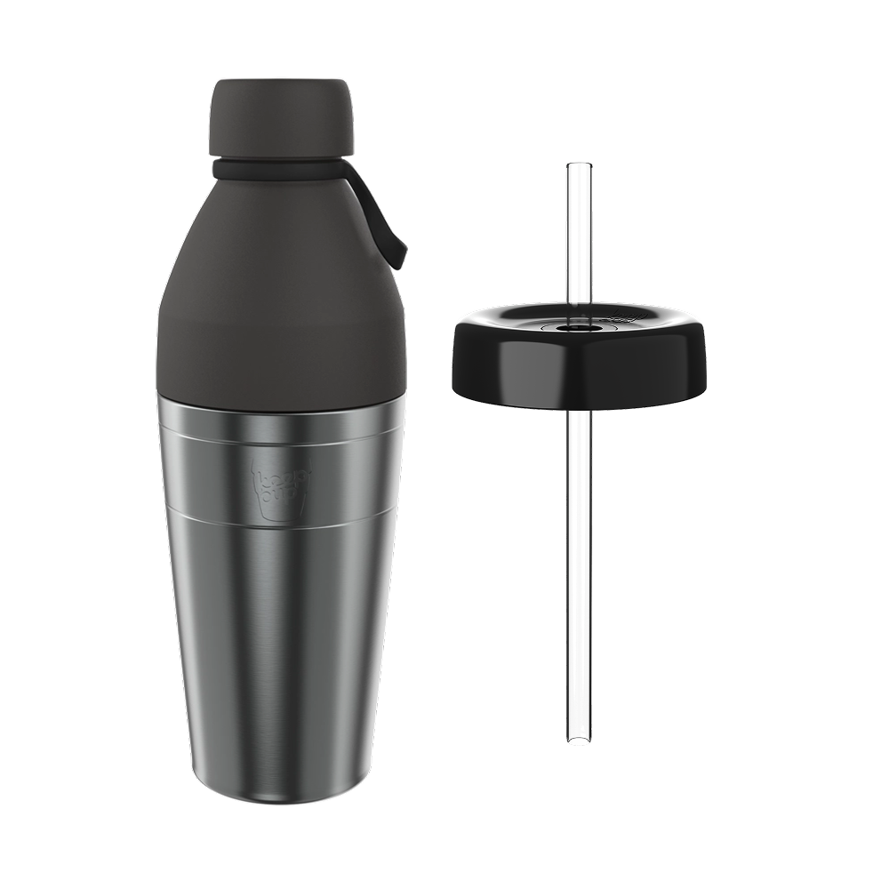 KeepCup Helix Bundle L 22oz in Nitro Black shown as a product layout featuring the assembled insulated cup with matte black lid and carrying loop alongside a separate straw lid component with clear plastic straw.