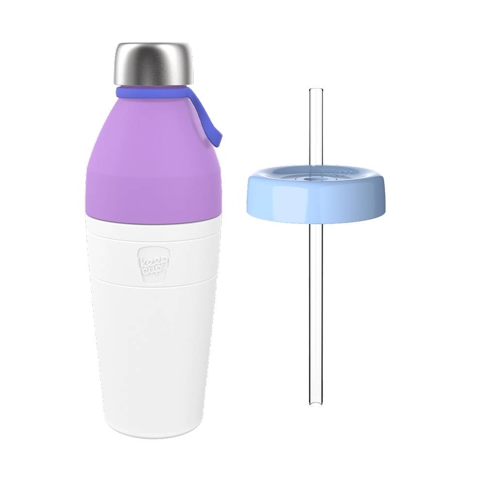 KeepCup Helix Bundle L 22oz in Orchid, shown as a product display featuring the assembled bottle with white base, lavender purple upper section, blue carrying loop, and stainless steel cap, alongside a separate light blue straw lid with clear plastic straw.