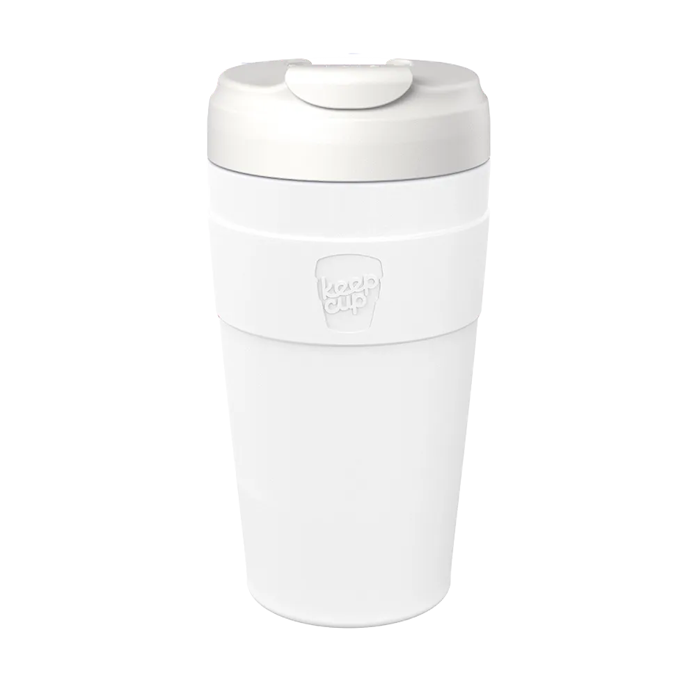 KeepCup Commuter L 16oz in Bone White, shown in a front-facing product shot against a neutral background, featuring a flip-top lid with embossed KeepCup logo, and cup.