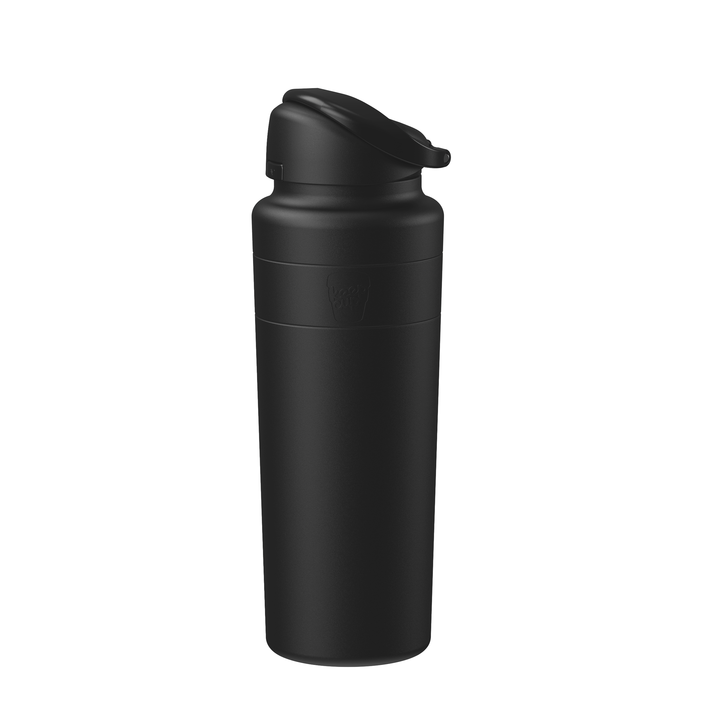 KeepCup Ora Bottle 24oz in Black, shown at a three-quarter angle against a white background, featuring a matte black finish, flip-top lid, and embossed logo on the upper body.