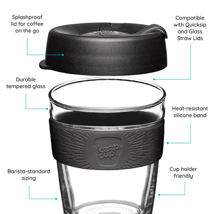 KeepCup Reusable coffee cup with black lid and band, featuring text on a white background