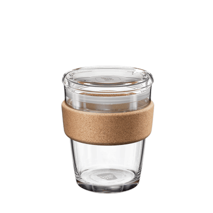 KeepCup Brew Cork Quicksip M 12oz reusable glass coffee cup with natural cork band and clear lid, shown from a front angle against a white background.