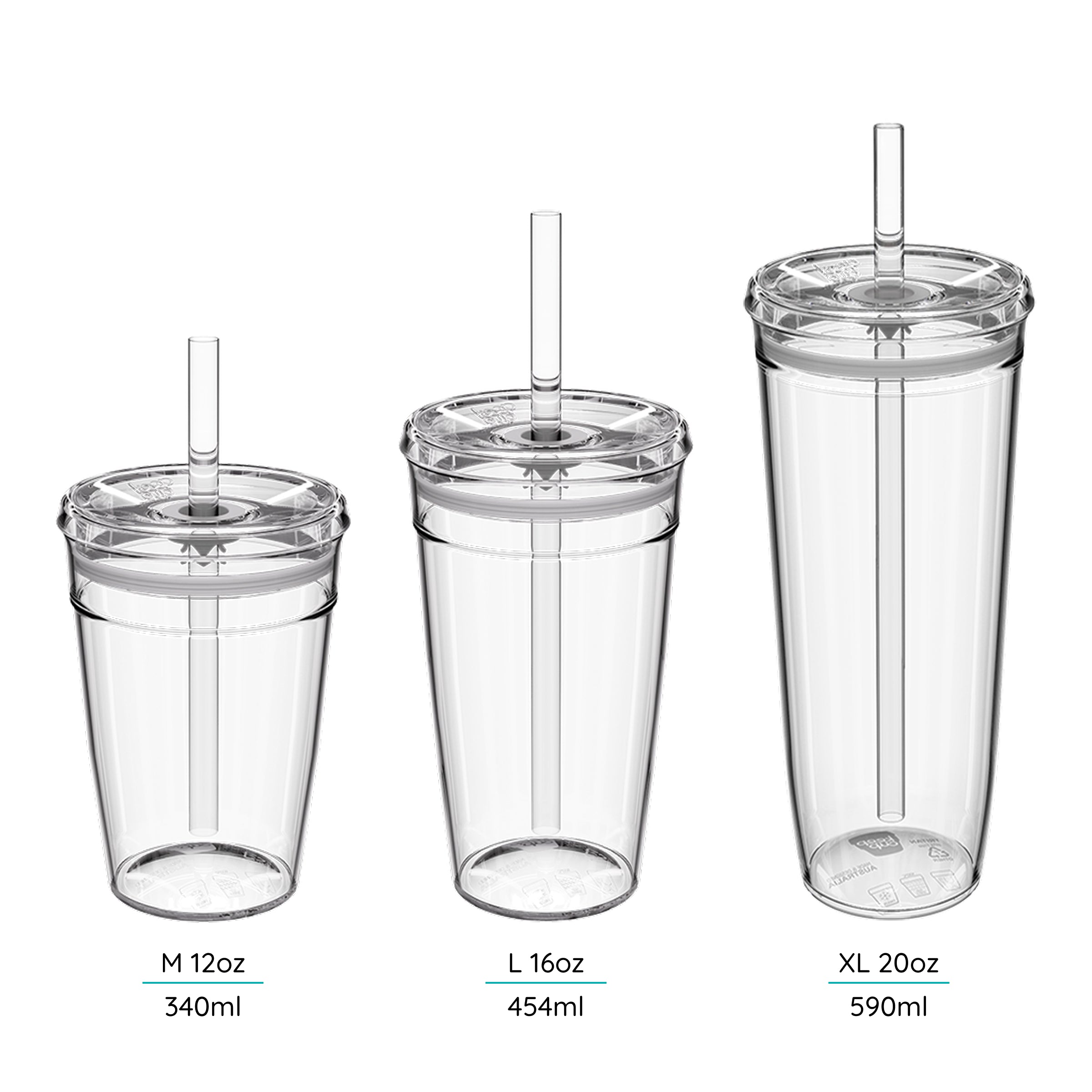 Three Cold Cup Original's with lids and straws, labeled M 12oz, L 16oz, and XL 20oz.