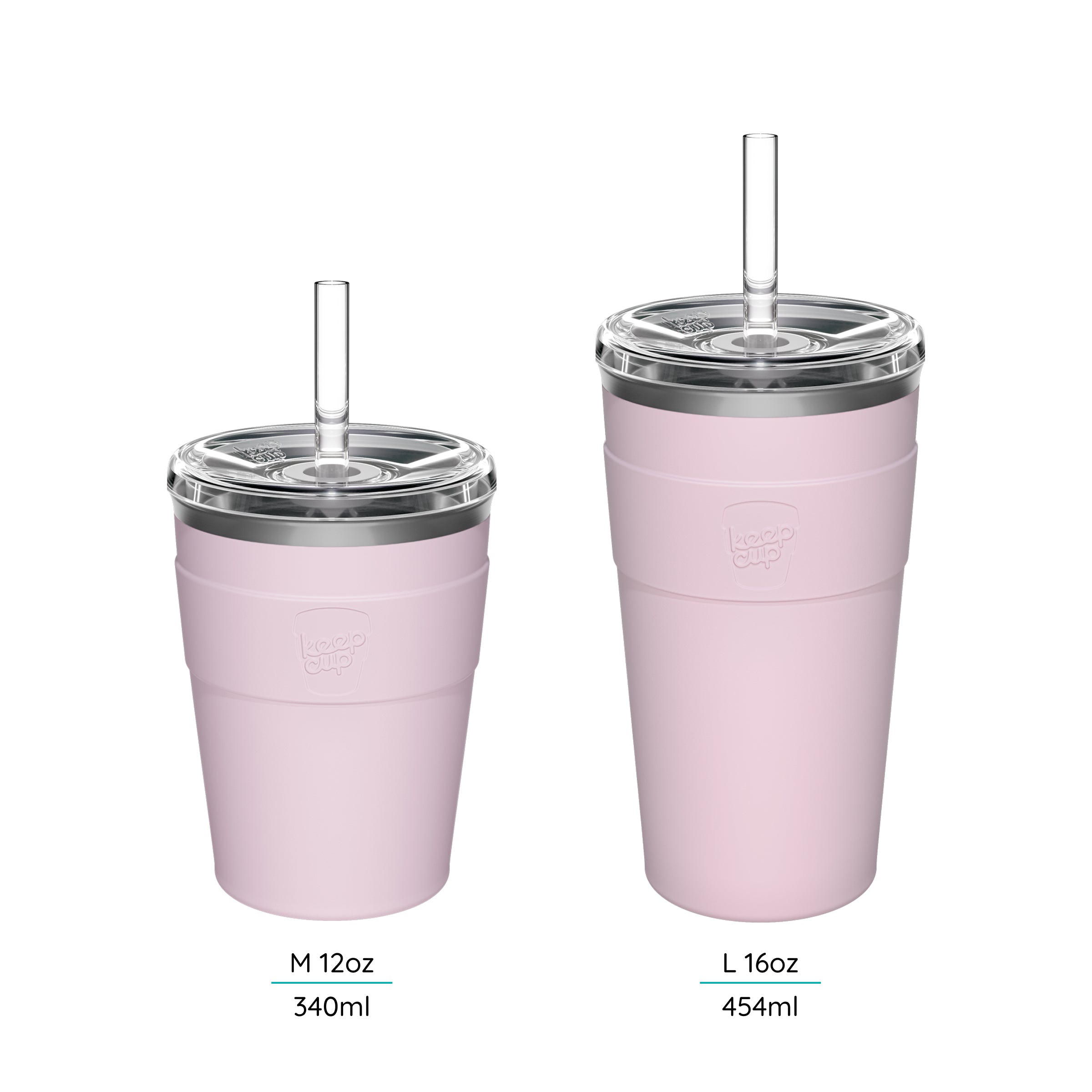 Two Cold Cup Thermal's with straws and lids on a white background featuring their sizes M 12oz and L 16oz
