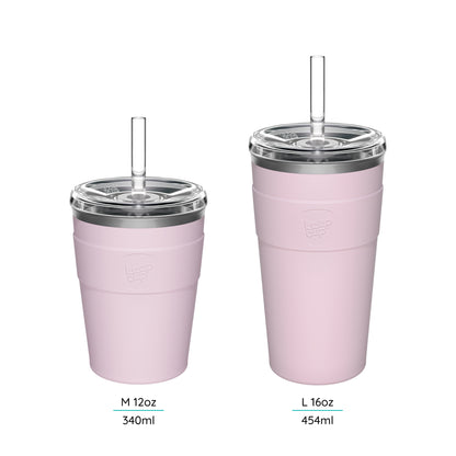 Two Cold Cup Thermal's with straws and lids on a white background featuring their sizes M 12oz and L 16oz