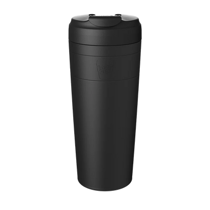 Black KeepCup Commuter XL 20oz cup shown in a front-facing studio shot against a white background, featuring a black finish, flip-top lid, and embossed KeepCup logo on the .