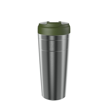 Stainless steel travel mug with olive green lid and flip-top spout, insulated double-wall construction