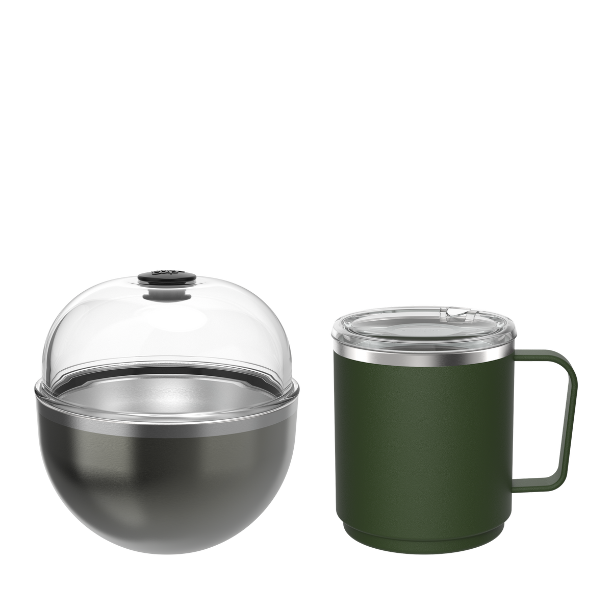 KeepCup Go Far set in Nitro Pine color, featuring a spherical stainless steel brew vessel with clear domed lid alongside a dark green insulated travel mug with handle and clear sipper lid, shown against a white background.