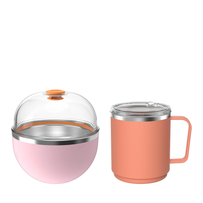 KeepCup Go Far set in Pashmak Clay, featuring a pink spherical food container with clear domed lid and orange vent button alongside a coral insulated mug with handle and clear sipper lid, shown on a white background.