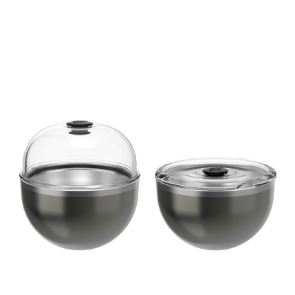 KeepCup Go High Go Low in Nitro, shown in two configurations: left displays the cup with a domed clear lid for high-volume drinks, right shows the same metallic grey cup with a flat clear lid for compact carrying.