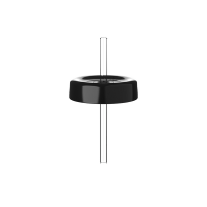 KeepCup Commuter Coffee Straw Lid in black, shown from a front angle with a clear plastic straw inserted through the center hole, displaying the lid's sleek rounded design against a white background.
