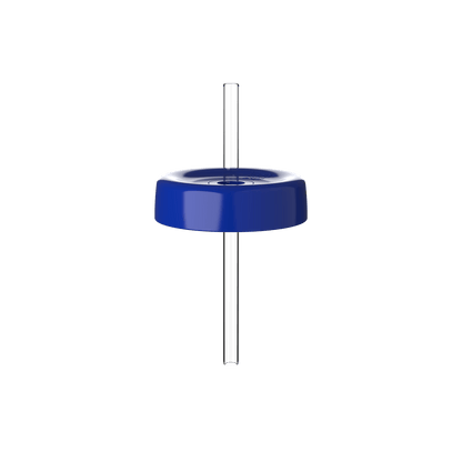 KeepCup Commuter Coffee Straw Lid in Electric blue, shown from a straight-on angle with a clear plastic straw inserted through the center hole of the round lid.