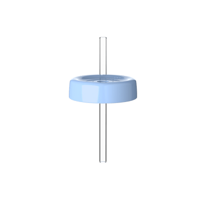 KeepCup Commuter Coffee Straw Lid in Orchid for M 12oz size, shown from a straight-on angle featuring a light blue circular lid with a clear reusable straw inserted through the center opening.